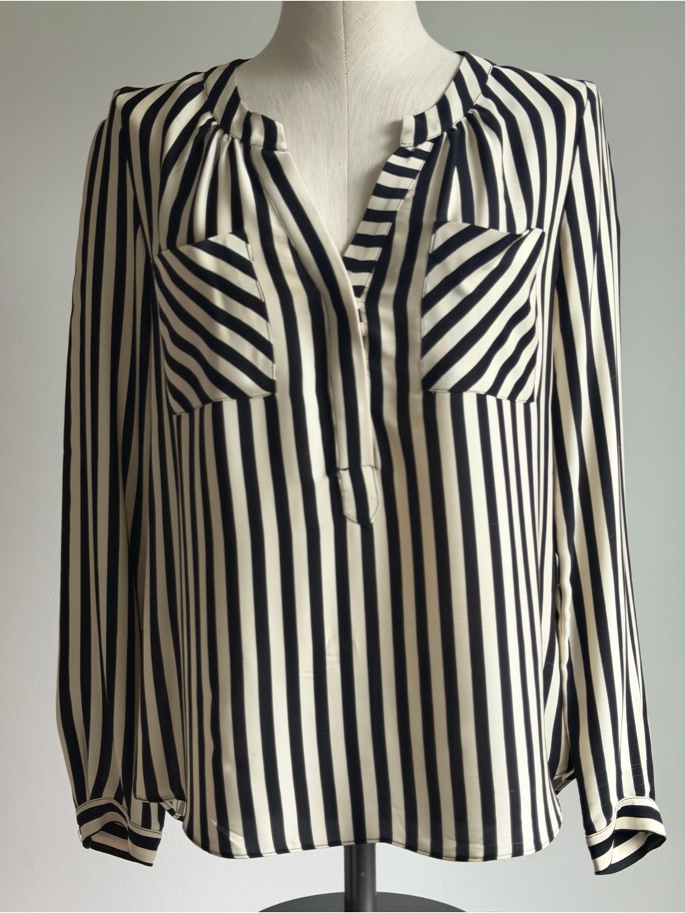 Black and White Silk Striped V-Neck Long-Sleeve Blouse